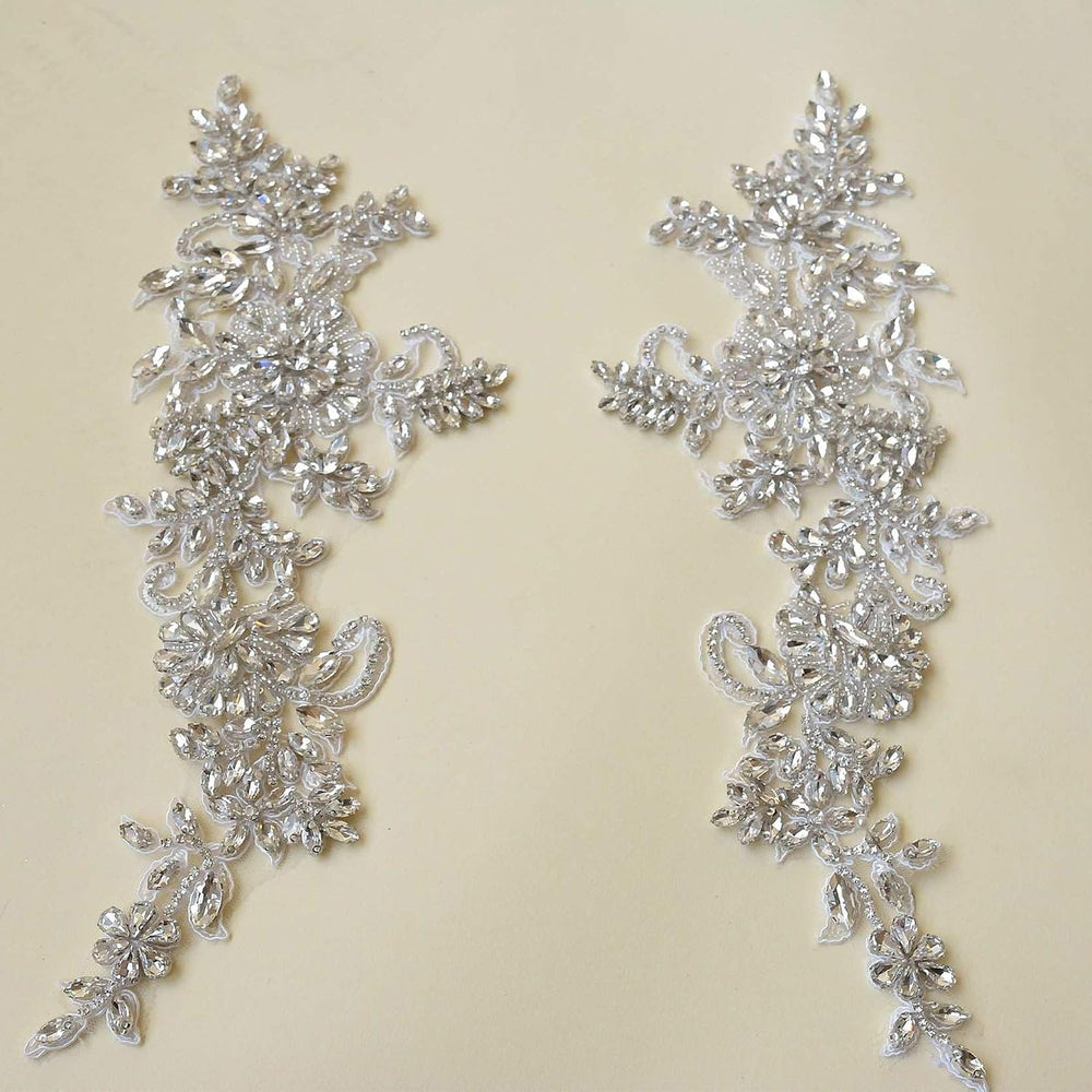 Sparkling Rhinestone Applique Heavy Beads Motif Diamante Crystal Lace Patch C...