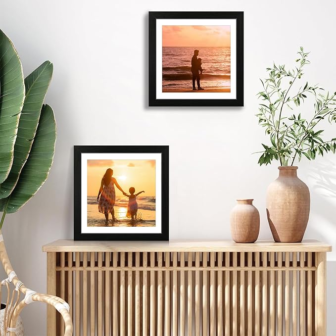 12x12 Picture Frame Set of 4 with Tempered Glass, Black Frame Display 10x10 Picture with Mat or 12 x 12 Without Mat, Wood Square Photo Frames for Desktop Display and Wall Mounting