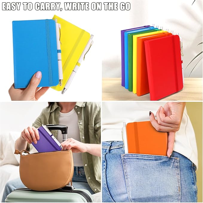 Aneco 50 Sets Pocket Notebook Journals with Pens, A6 Mini Hardcover PU Leather Lined Notebooks 3.5 x 5.5 Inch College Ruled Notepad With Pen Holder for Office School Supplies, Rainbow Color