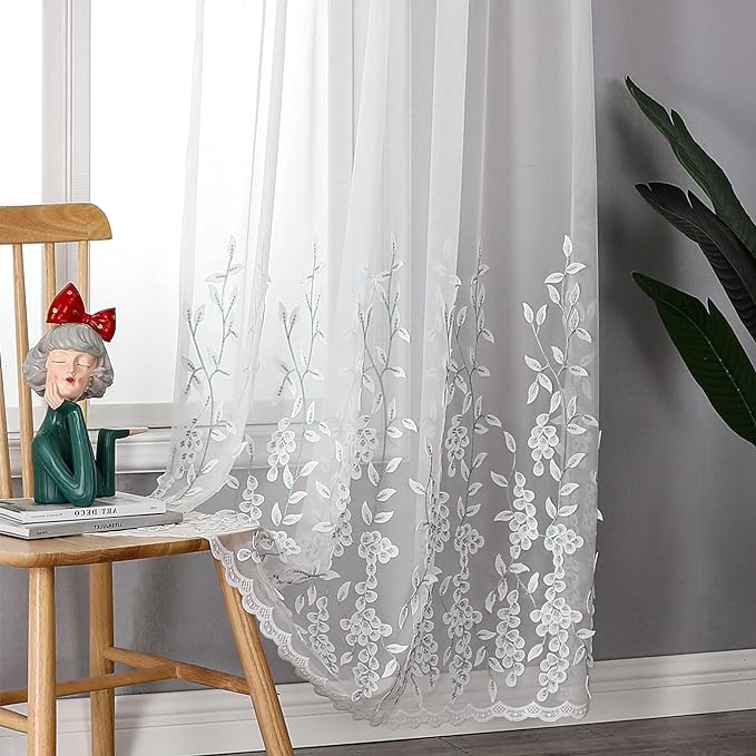 VISIONTEX White Sheer Voile Curtains, Decorative White Embossed Leaves Rod Pocket Window Drapes for Home Kitchen, Living Room and Bedroom 54 x 84 Inch, Set of 2 Curtain Panels