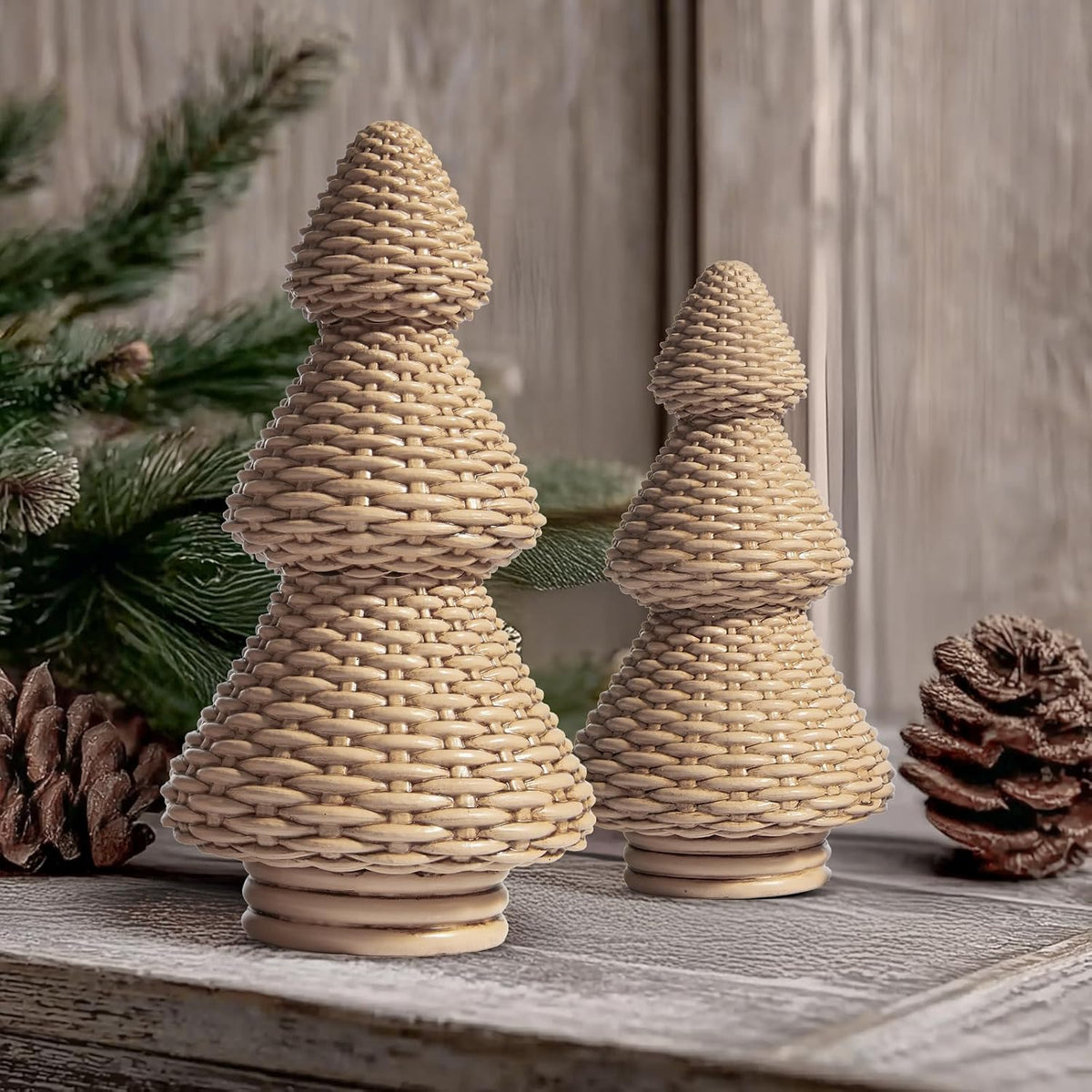 dn deconation brown christmas tree figurines, natural rattan showing dimensions