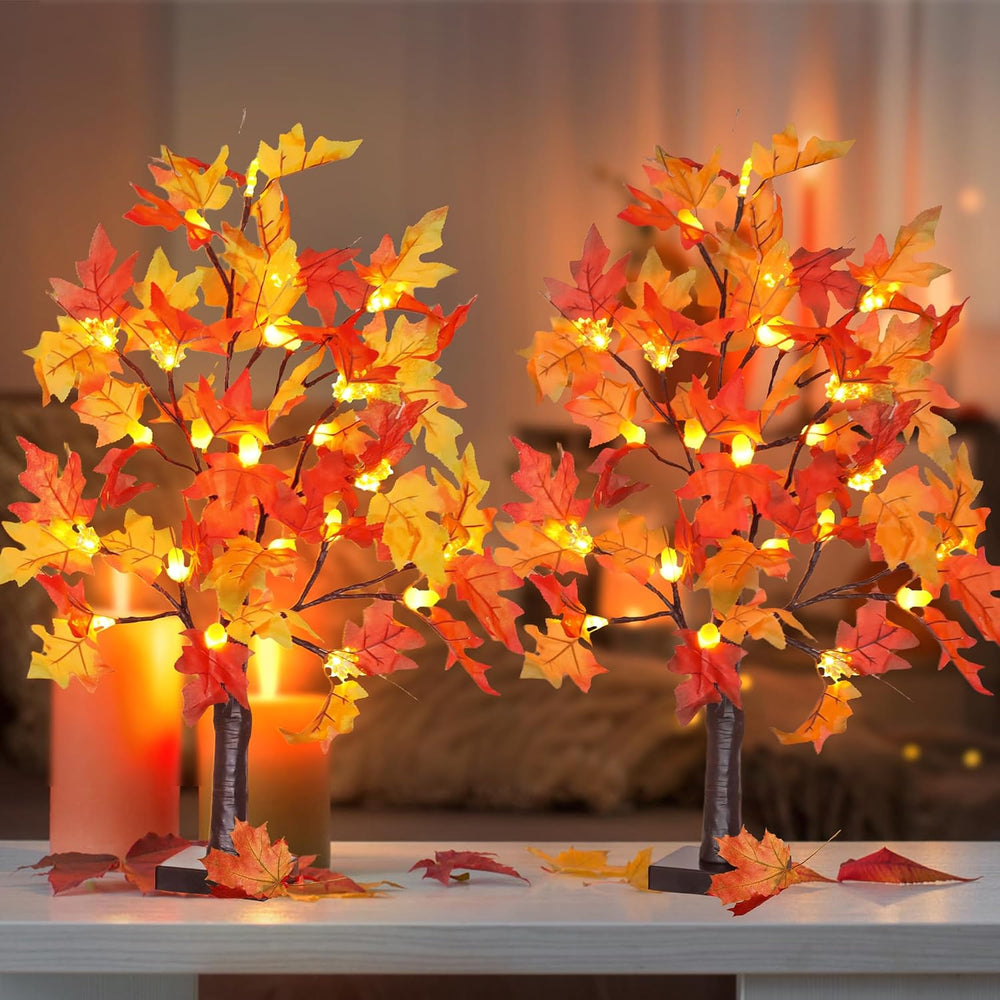 Fall Decor 2 Pack 24 Inch Lighted Maple Tree with 48 LED & Timer, Battery...