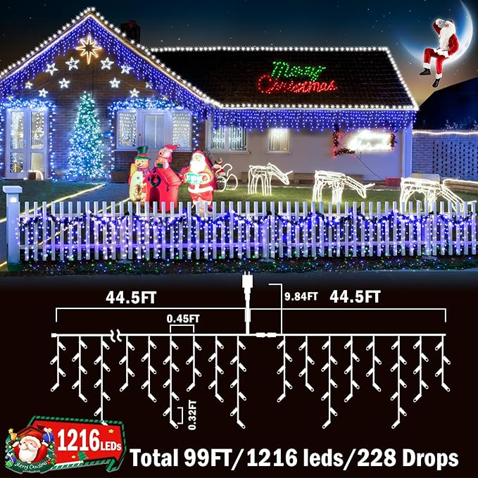 Christmas Lights Outdoor Decorations 1216 LED 99ft 8 Modes Curtain Fairy String Light with 228 Drops, Clear Wire LED String Light Indoor Decor for Wedding Party Holiday Christmas Decoration Blue