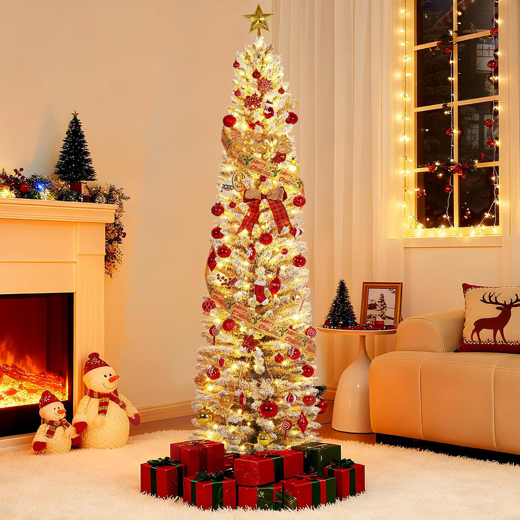 6Ft Pre-Lit Snow Flocked Pencil Christmas Tree, Fir Hinged Slim Skinny Corner Xmas Tree with 120 Incandescent Warm White Lights & Snow Branch Tips, White