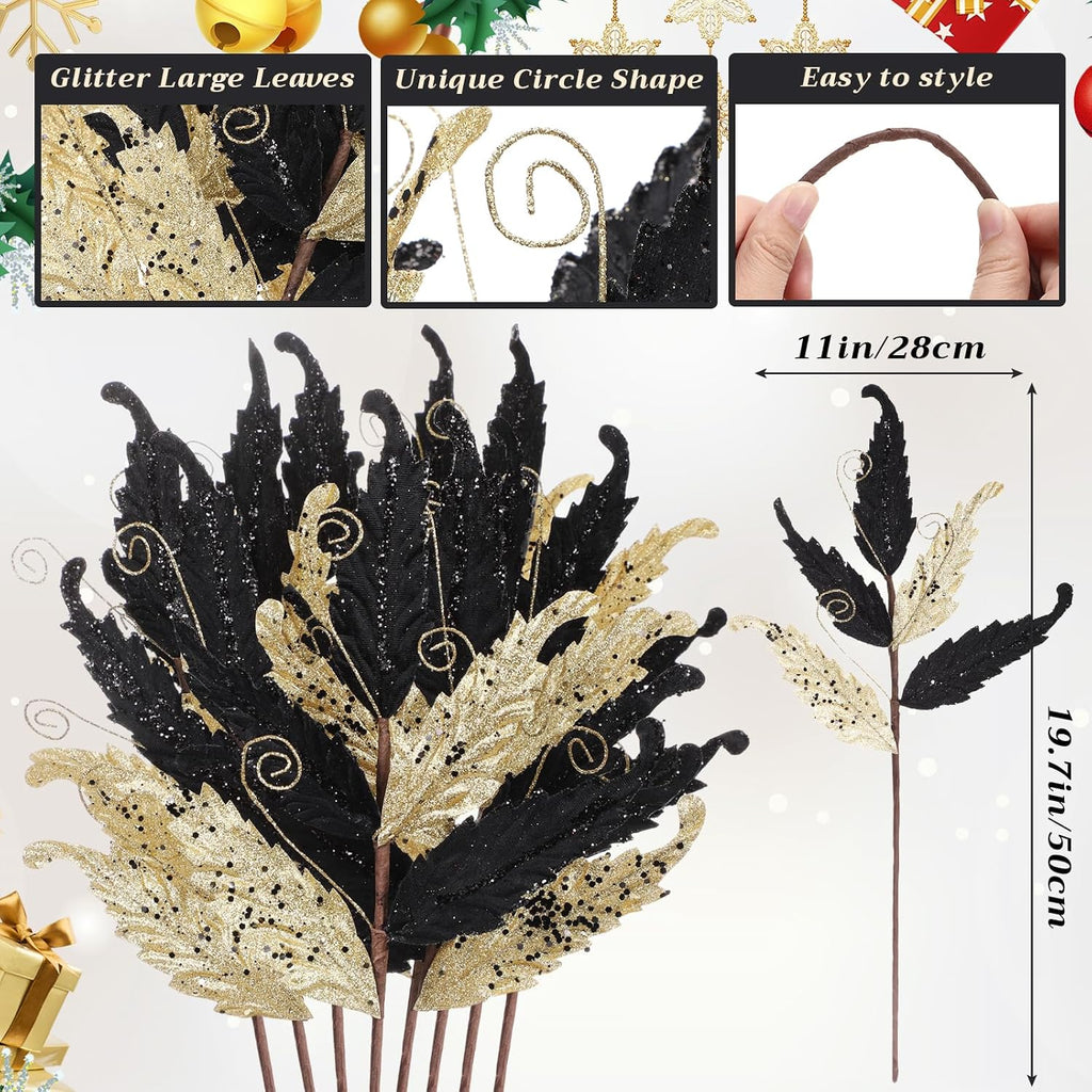 hydren 20 pcs christmas glitter leaves ornaments, gold, close-up detail