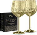 Stainless Steel Wine Glasses - Set of 2 Etched 16 oz Metal Goblets, Unbreakable Gold Cups for Camping, Travel, Outdoor Events, Picnics, Luxury Wine Gifts for Women and Men