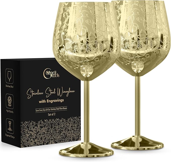 Stainless Steel Wine Glasses - Set of 2 Etched 16 oz Metal Goblets, Unbreakable Gold Cups for Camping, Travel, Outdoor Events, Picnics, Luxury Wine Gifts for Women and Men