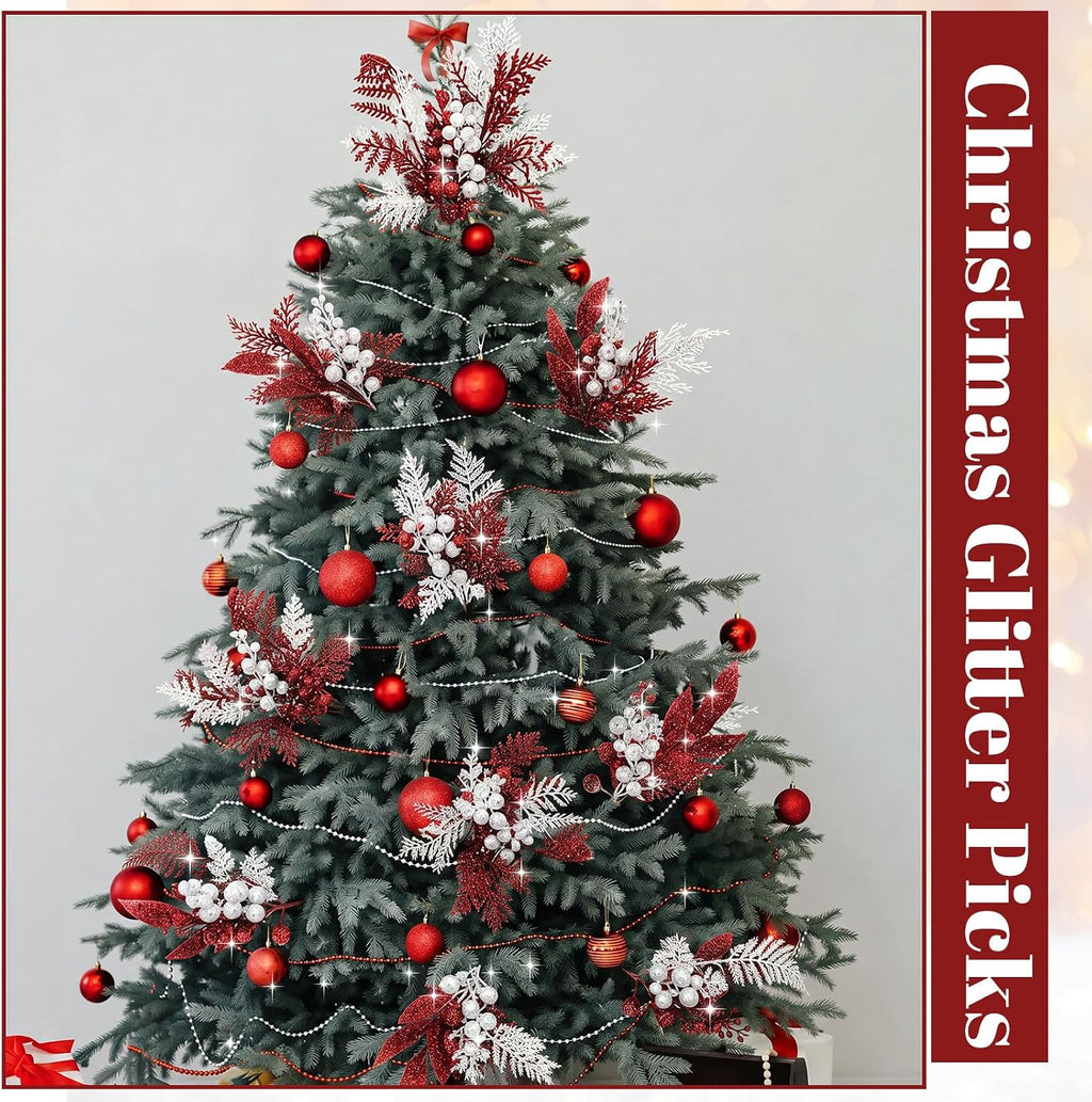 moucuny 75pcs christmas glitter picks, artificial stems, red, package contents
