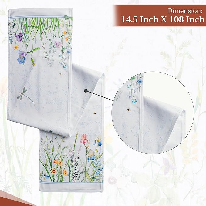 Maison d' Hermine Table Runner 100% Cotton Double Layer Table Runners 108 inches Long Decorative for Home Kitchen Dining Party Wedding Bridal Shower Spring Summer (Fleurs De Mai, 14.50" x 108")