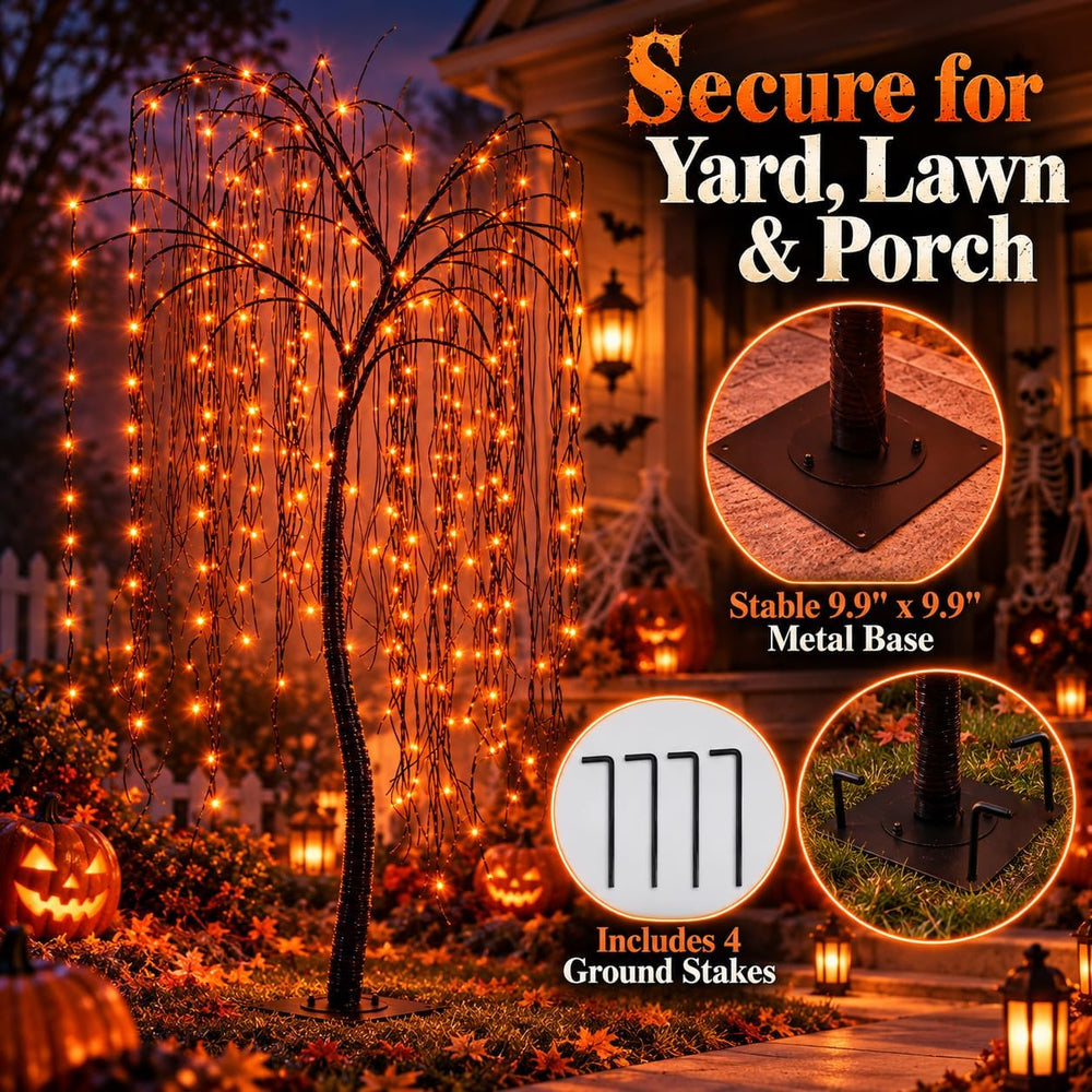 7 FT Halloween Lighted Willow Tree 256 LED Orange Lights Artificial Weeping W...