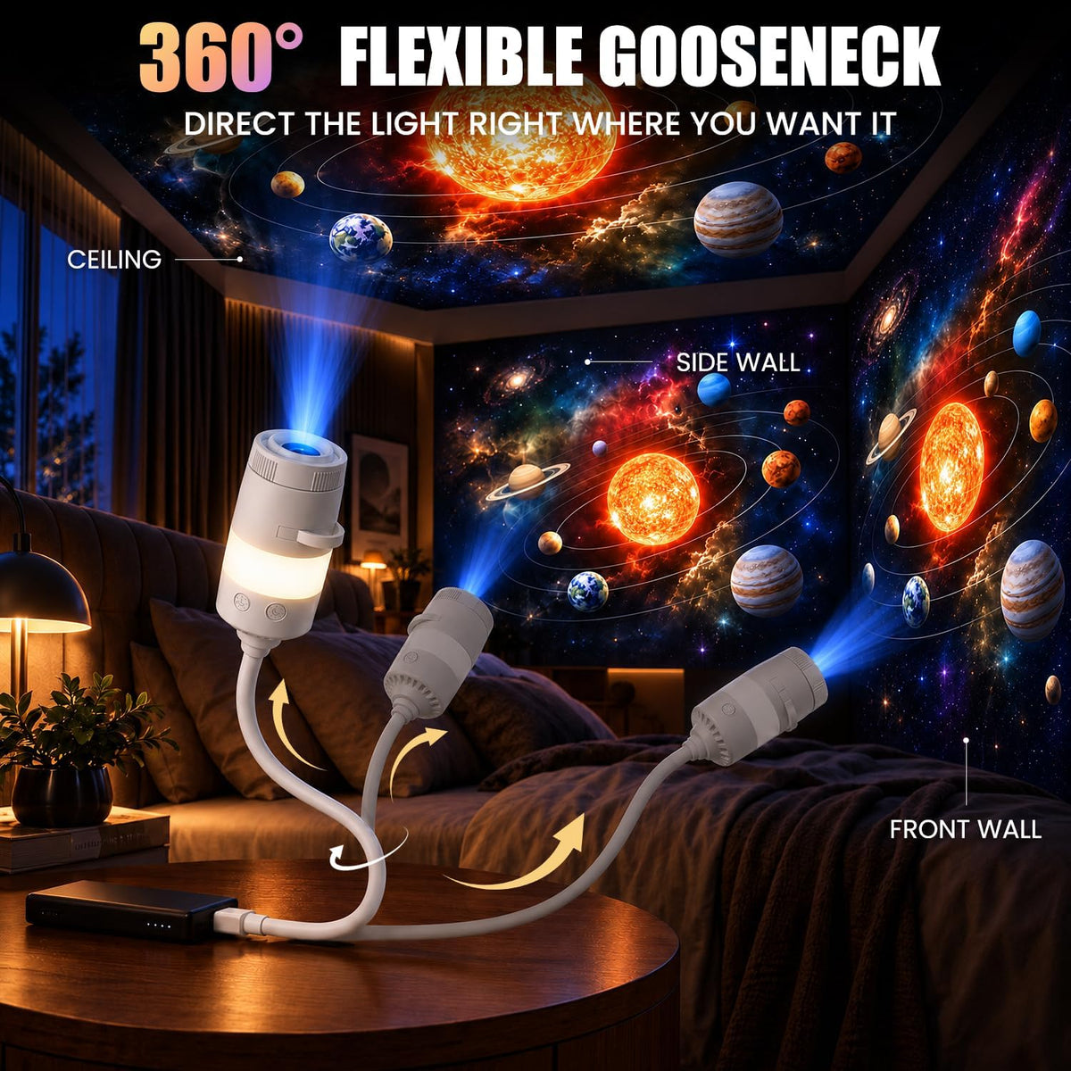 2-in-1 galaxy projector night light with 20 films showing dimensions