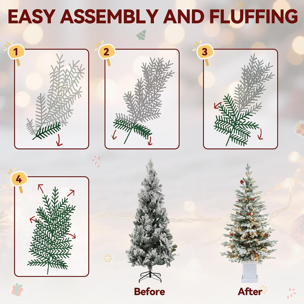 DWVO 6ft Prelit Pencil Flocked Christmas Tree in Pot with LED Lights