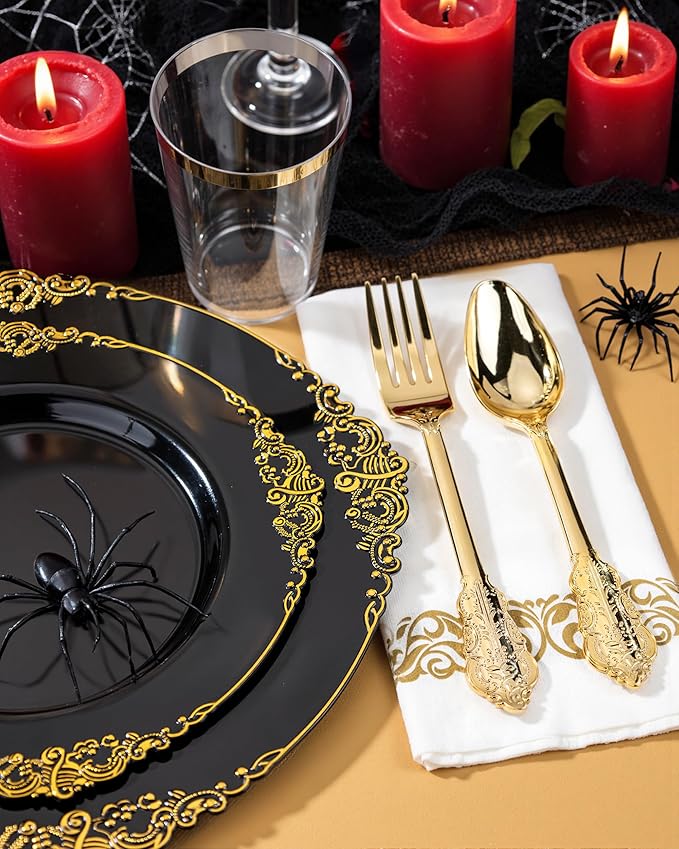 Nervure 350PCS Black Plastic Plates - Black Plastic Dinnerware Sets for 50 Guests - 100 Disposable Plates, 150 Gold Silverware, 50 Cups, 50 Napkins for Wedding & Party & Halloween