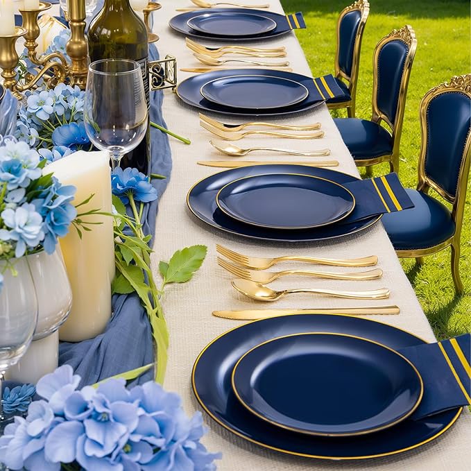 NOCCUR 350PCS Navy Blue Plastic Plates - Blue Disposable Dinnerware Set for 50 Guests, 100 Dinner/Dessert Plates, 150 Gold Silverware, 50 Cups&50 Napkins for Party/Wedding/Labor Day