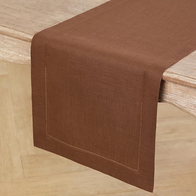 Solino Home Linen Brown Table Runner 120 Inches Long - 100% Pure Linen Hemstitch 14 x 120 Inch Table Runner for Dining, Fall, Autumn, Thanksgiving - Classic Hemstitch