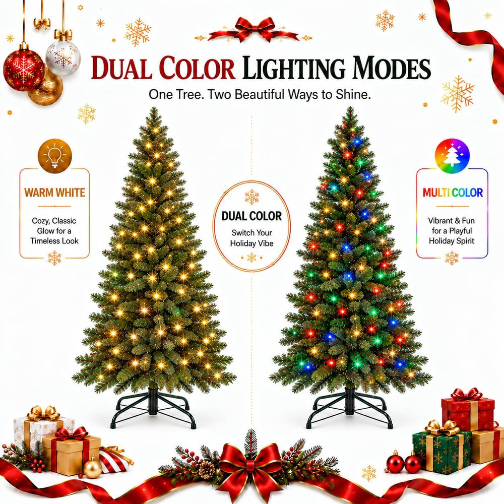 Garvee 6 FT Pre-Lit Artificial Christmas Tree, Dual-Color Lights, Hinged