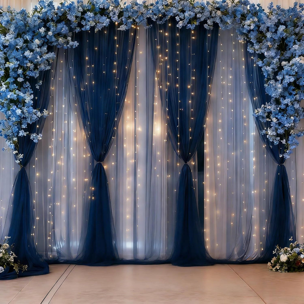 30×10ft navy blue tulle backdrop curtain with lights shown in use