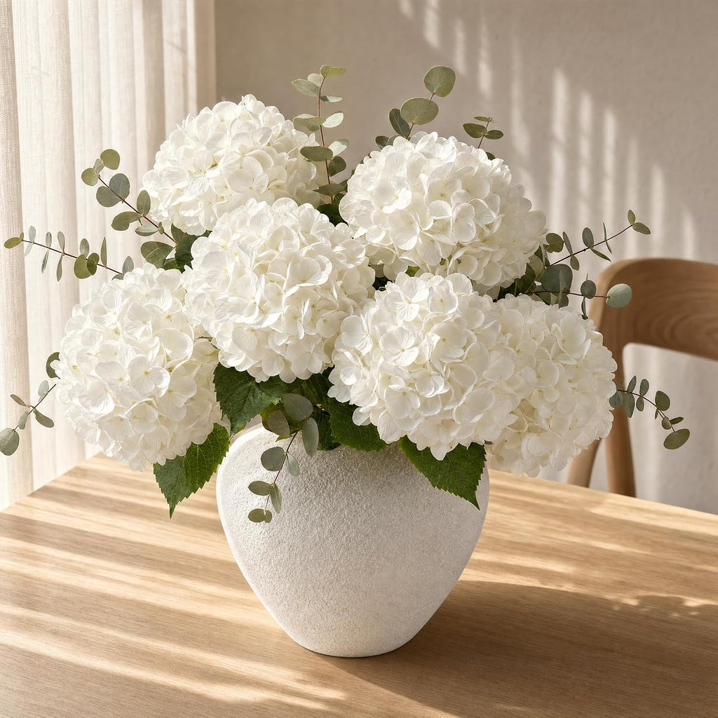 Pinkpum 6 Pcs White Hydrangea Artificial Flowers with Eucalyptus for Vase
