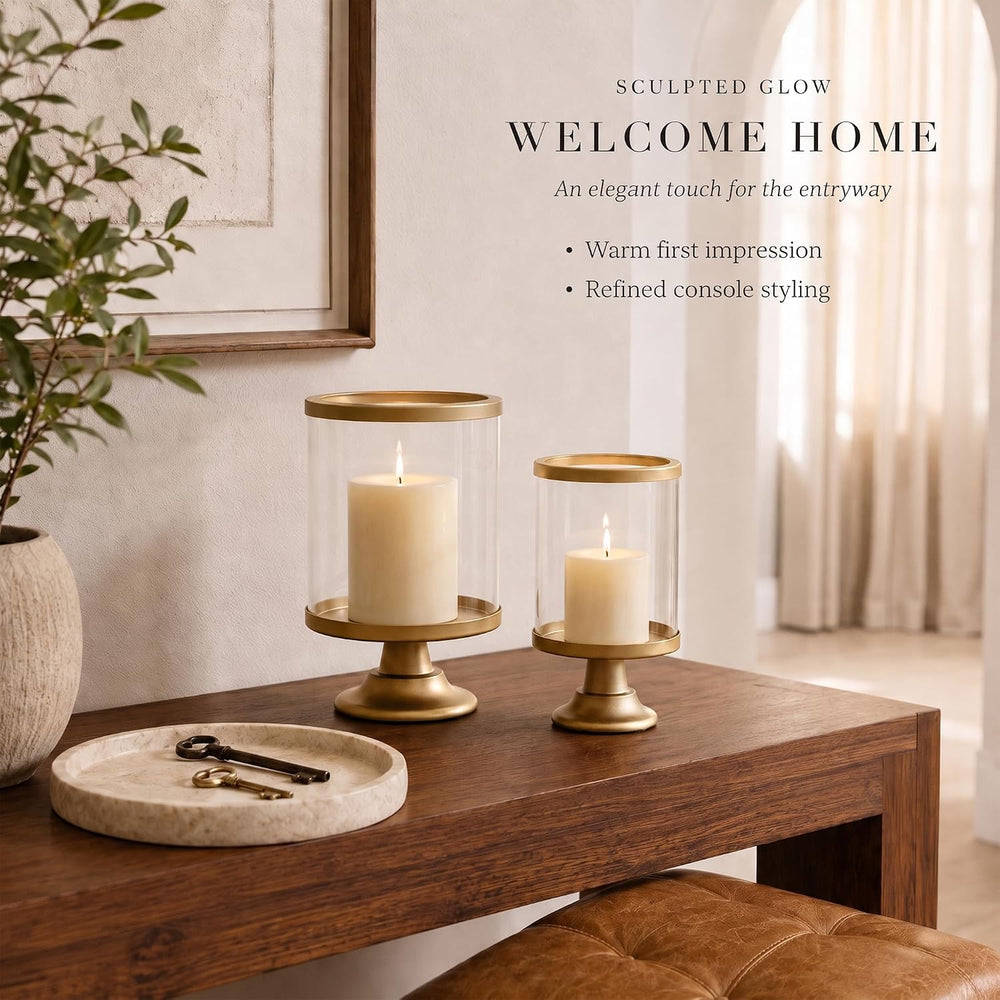 Gold Hurricane Candle Holder Set of 2 with Glass Cylinder for Pillar Candle