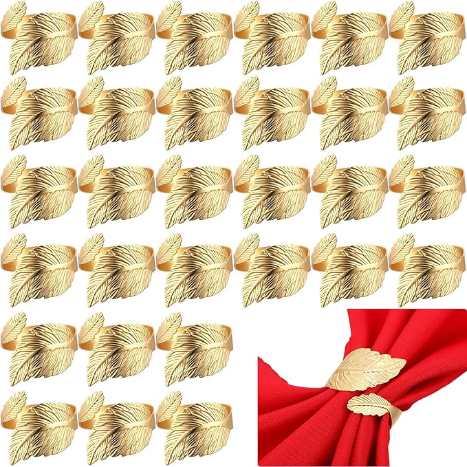 Bokon 50 Pcs Gold Napkin Rings Metal Leaf Napkin Holders Delicate Rings Bulk for Wedding Birthday Party Banquet Decoration(Willow Leaves)