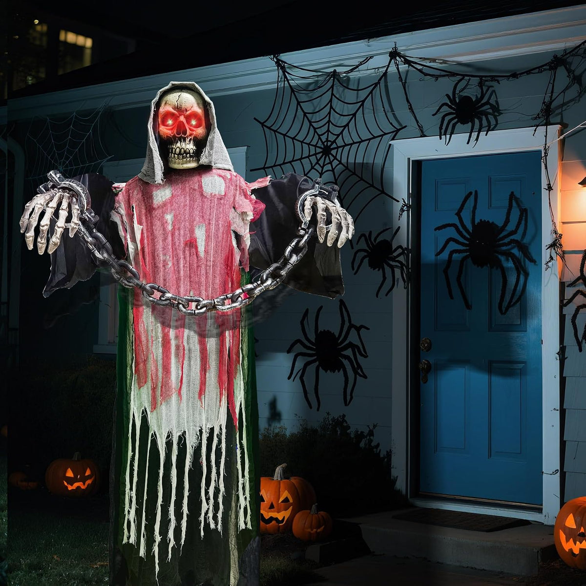 Halloween Decorations Outdoor, 6 Ft Large Animated Grim Reaper with Big Chain,Sound & Touch Activated with Creepy Sound - Scary Props House Decor for Garden Yard Lawn Indoor Decoration Animatronics
