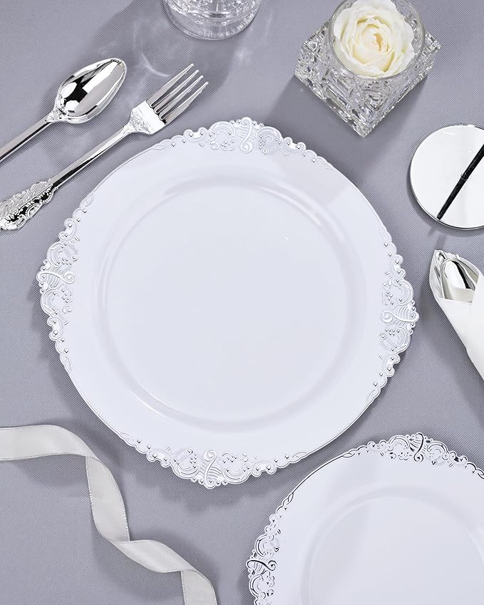 Nervure 350PCS Silver Plastic Plates - Silver Plastic Dinnerware Sets for 50 Guests - 100 Disposable Plates, 150 Silverware, 50 Cups, 50 Napkins for Wedding & Party