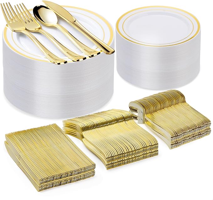 300PCS Gold Plastic Plate Set (50 Guests), Plastic Plates for Party Wedding Birthday, Disposable Dinnerware Set of 100 Plates, 100 Forks, 50 Spoons, 50 Knives for Christmas, Thanksgiving
