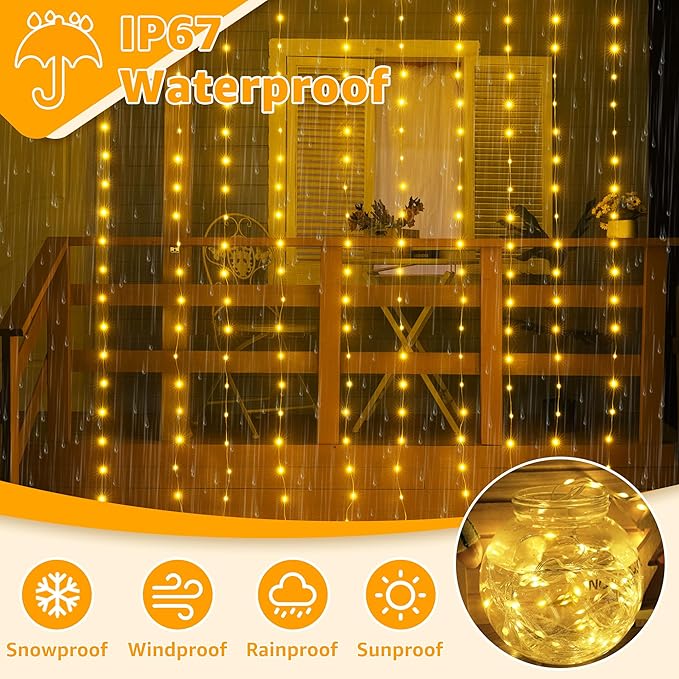 Ollny Curtain Lights 300LED 9.8ftx9.8ft, Connectable IP67 Waterproof Outdoor Curtain String Lights with Remote, Plug-in Untangle Fairy Lights with 8 Modes 3 Timers for Wall Backdrop Decor(Warm White)