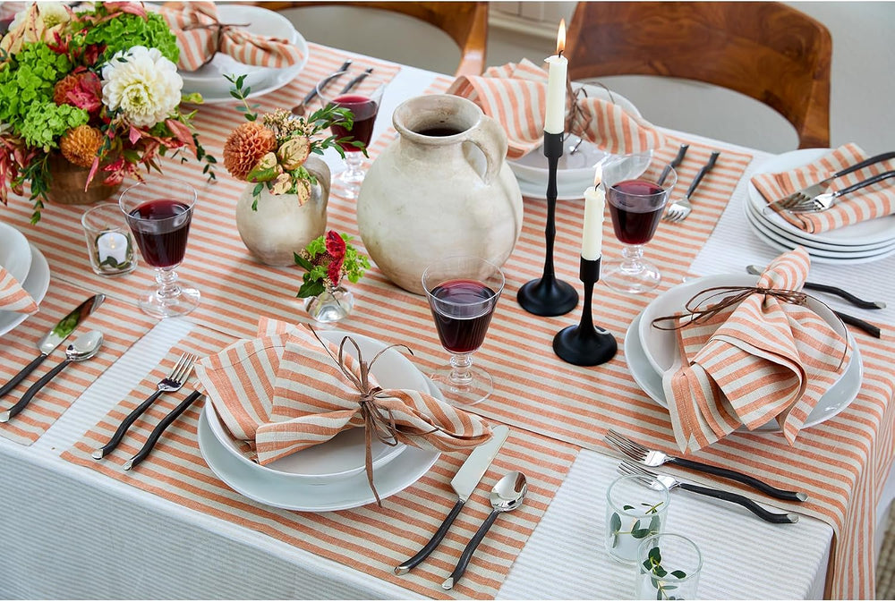 Solino Home 100% Linen Table Runner, 14 x 90 in, Pumpkin and Natural Stripe