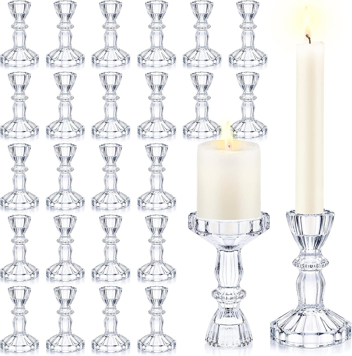 Sieral 24 Pcs Clear Taper Candle Holders 4'' Tall Candlestick Glass Holders Bulk Decorative Striped Design Stand Wedding Stick Holder for Anniversary Party Dining Table Festival Decor