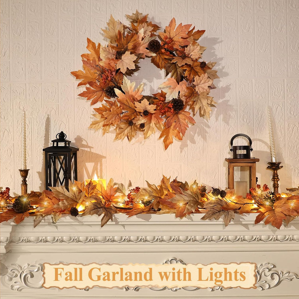 6 FT Lighted Fall Garland with Lights Autumn Automatic ON/Off Timer