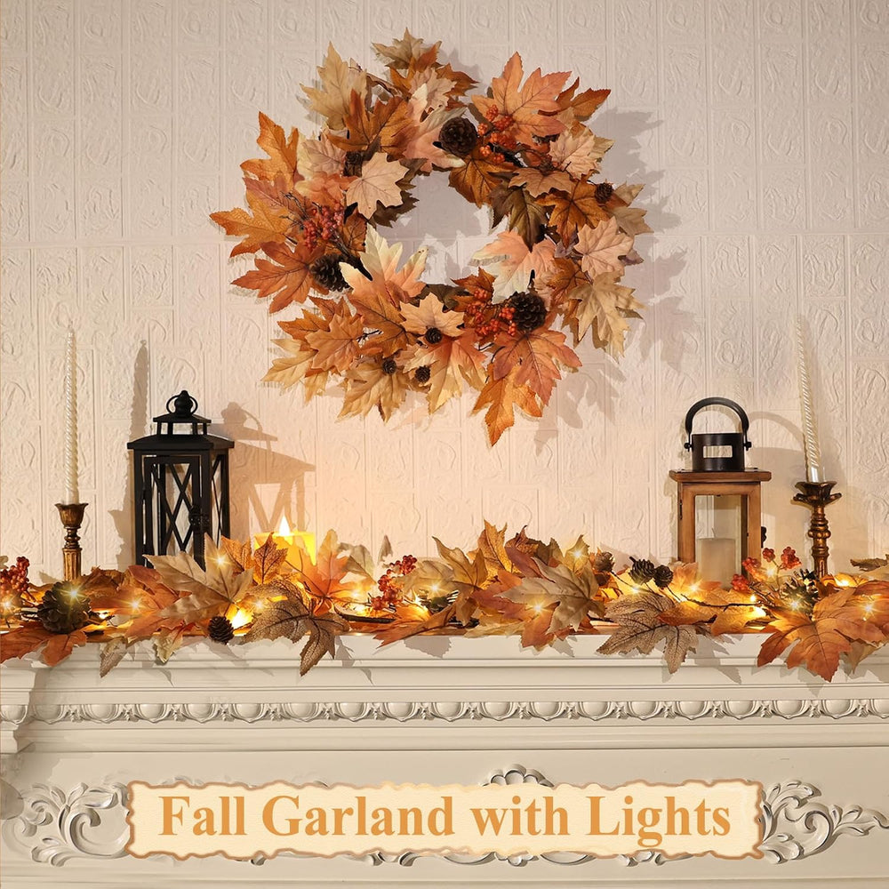 9 FT Lighted Fall Garland with Lights Autumn Automatic ON/Off Timer
