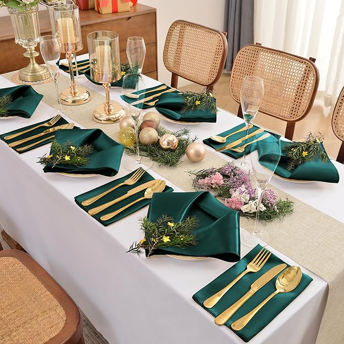 50 Pieces Forest Green Satin Napkins, 17" x 17" Square Table Napkins, Silky Soft Smooth Washable Napkins for Restaurant, Weddings, Dinner, Party Decoration