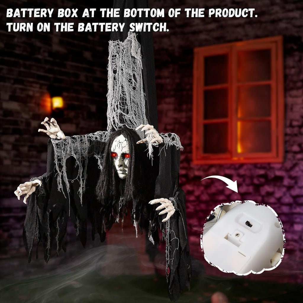 Halloween Animatronics Decorations Hanging Ghost with 4 Hands, 67'' Animated Spooky Zombie Ghosts with Creepy Sounds, Lighted Eyes, Scary Move, Haunted House Props Decor for Indoor Outdoor Yard Lawn