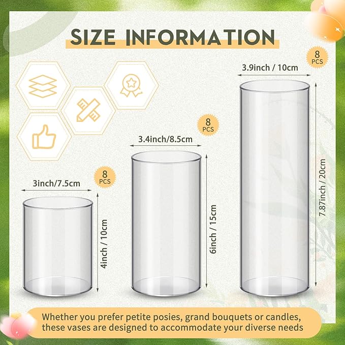 Nuogo 24 Pcs Plastic Cylinder Vases Tall Clear Flower Vases for Centerpieces Hurricane Candle Holder for Home Wedding Office Party Formal Dinners Decorations (4''/6''/8'')