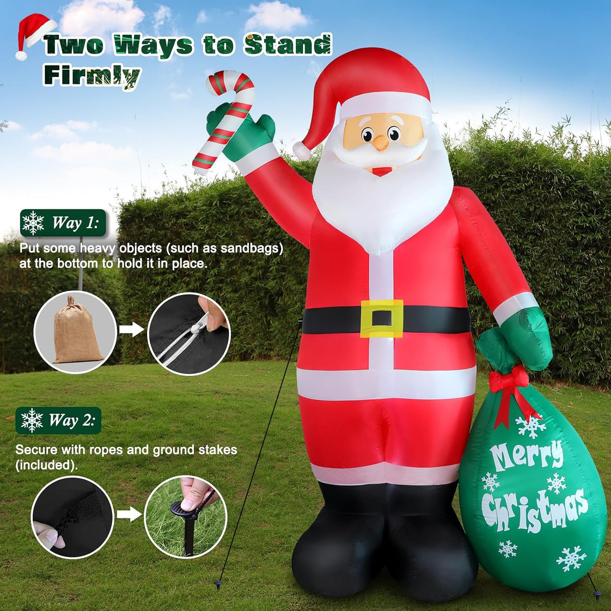 8 ft christmas inflatable santa claus with candy showing dimensions