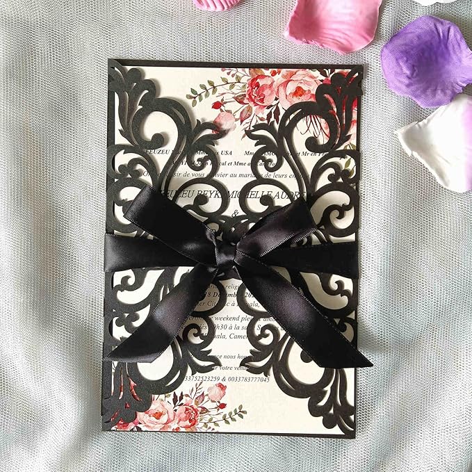 25PCS Laser Cut Wedding Invitations Cards with Envelopes,Blank Inner Sheets,Ribbons for Wedding Bridal Shower Quinceañera Engagement Birthday Invites, pearl black