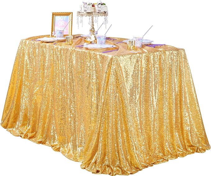 QueenDream Gold Table Cloth Party Decorations: Sequin Fabric 90x90 Inch Sparkle Tablecloths - Gold Drapes Wedding Overlay