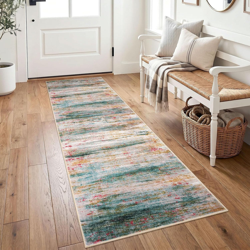 KOZYFLY Modern Washable Rug Runner 2x6 Runners for Hallways Green/Turquoise