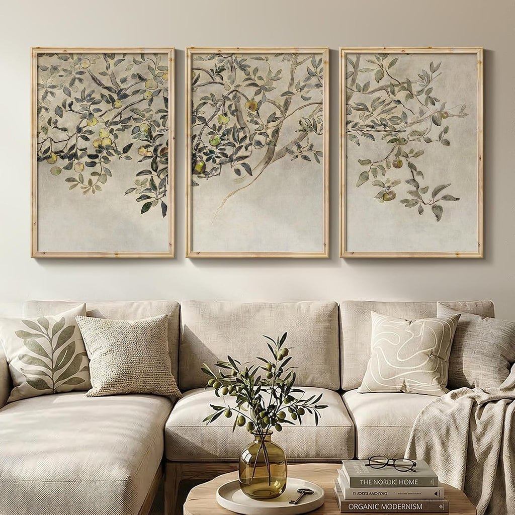 Large Vintage Framed 3 Piece Tree Wall Art for Living Room, 24x36 In