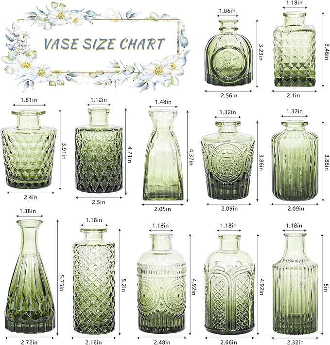12pcs Glass Bud Vase Set, Small Green Flower Vases for Centerpieces in Bulk, Mini Vintage Vase for Wedding, Home,Table Decoration