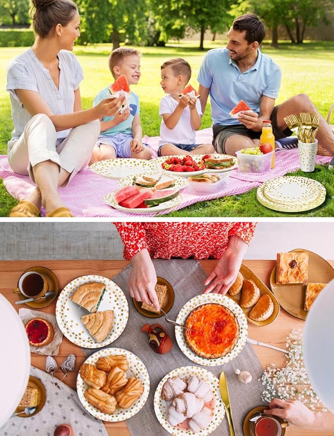 141 Pieces White Gold Party Supplies, Party Dinnerware Sets Include Paper Plates Napkins Cups Silverware, for Wedding Bridal Shower Engagement Birthday Parties Decoration -20 Serves