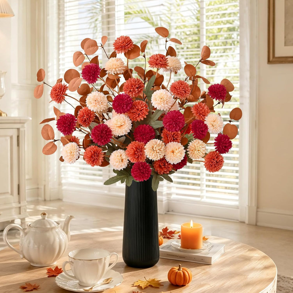 12 Pcs Realistic Fall Flowers Fake Mums with Vase, Full Silk Pompon Bulk