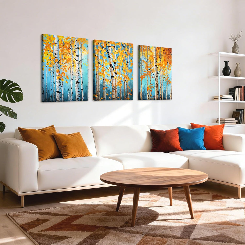 eeynaqq birch tree wall art, 3-piece teal blue on a desk or shelf