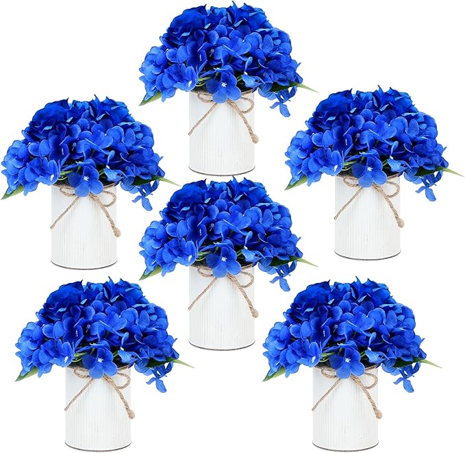 Flower Table Centerpieces - Set of 6 Floral Arrangement Artificial Wedding Hydrangeas Floral Arrangement with Rustic Metal Vase for Bridal Tea Party Event Decorations - Royal Blue