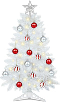 [Timer & 8 Modes] 3FT White Christmas Tree with Lights, Small Christmas Tree with Star -Includes 15 Xmas Balls Ornament White Xmas Tree for Home Tabletop Office Indoor and Outdoor