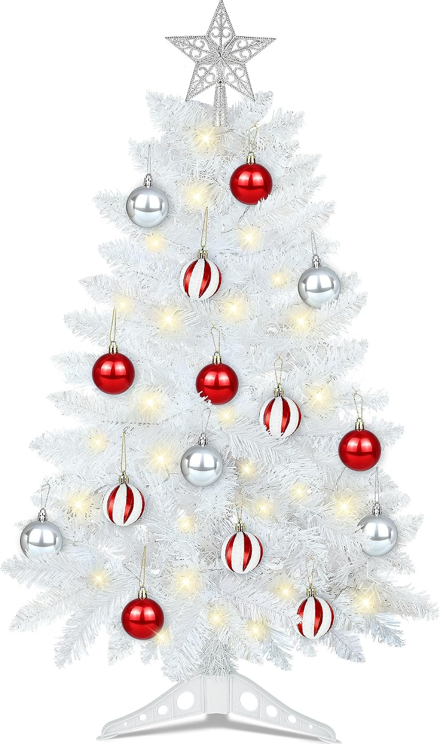 [Timer & 8 Modes] 3FT White Christmas Tree with Lights, Small Christmas Tree with Star -Includes 15 Xmas Balls Ornament White Xmas Tree for Home Tabletop Office Indoor and Outdoor