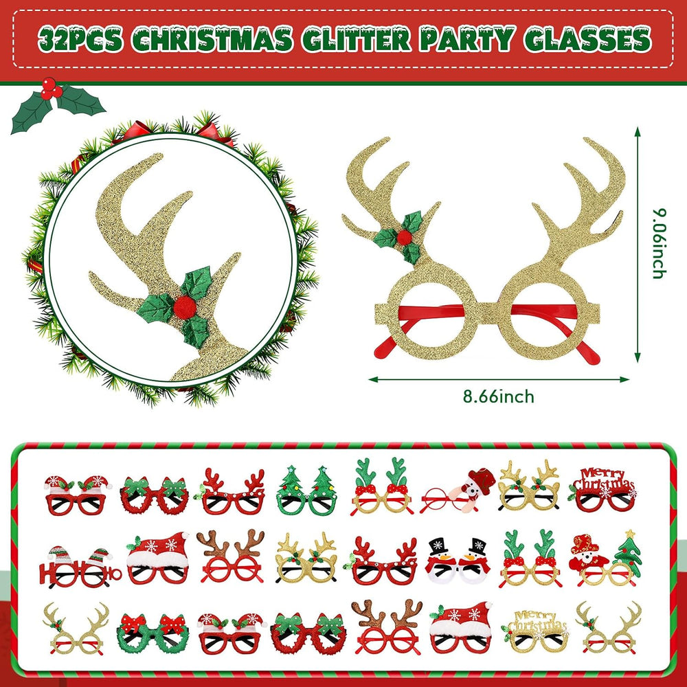64 Pcs Christmas Glasses Frame and Headbands Set, Xmas Costume Accessories