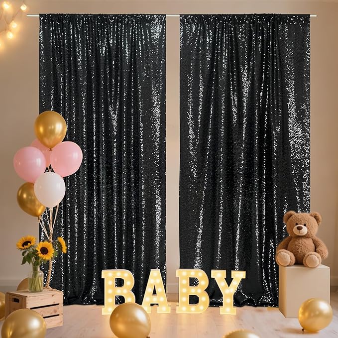 SquarePie Sequin Backdrop Curtain 8FT x 10FT Black Satin Backing Fabric Photography Background for Wedding Patry 4FT x 10FT 2 Panels (2 PCS)