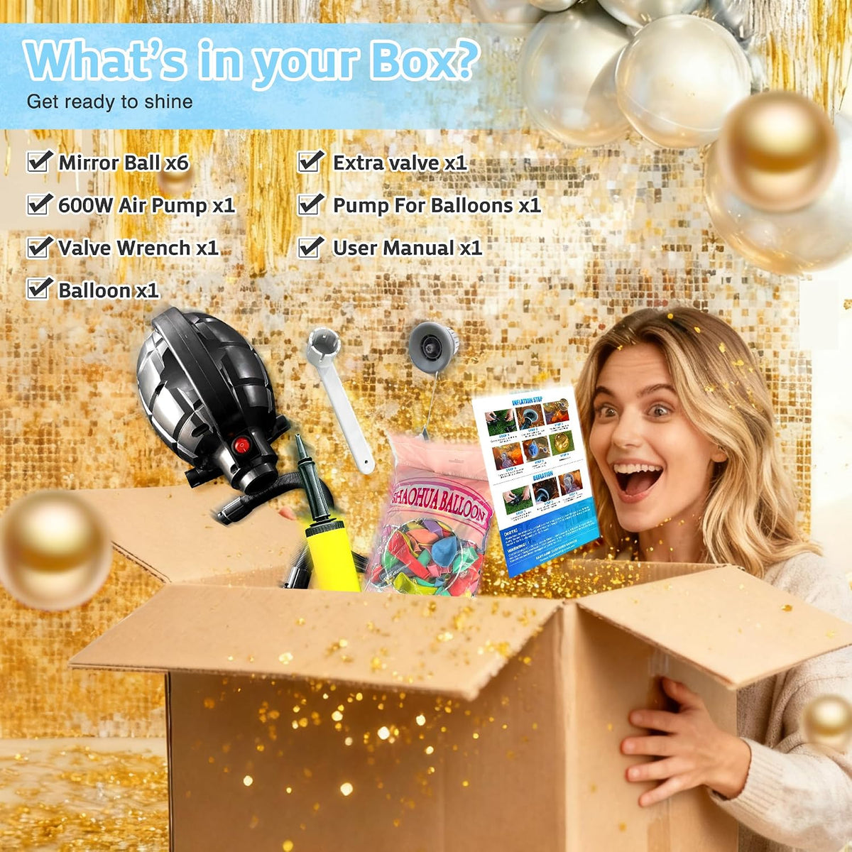 large inflatable mirror ball 6pcs yard big gold showing dimensions